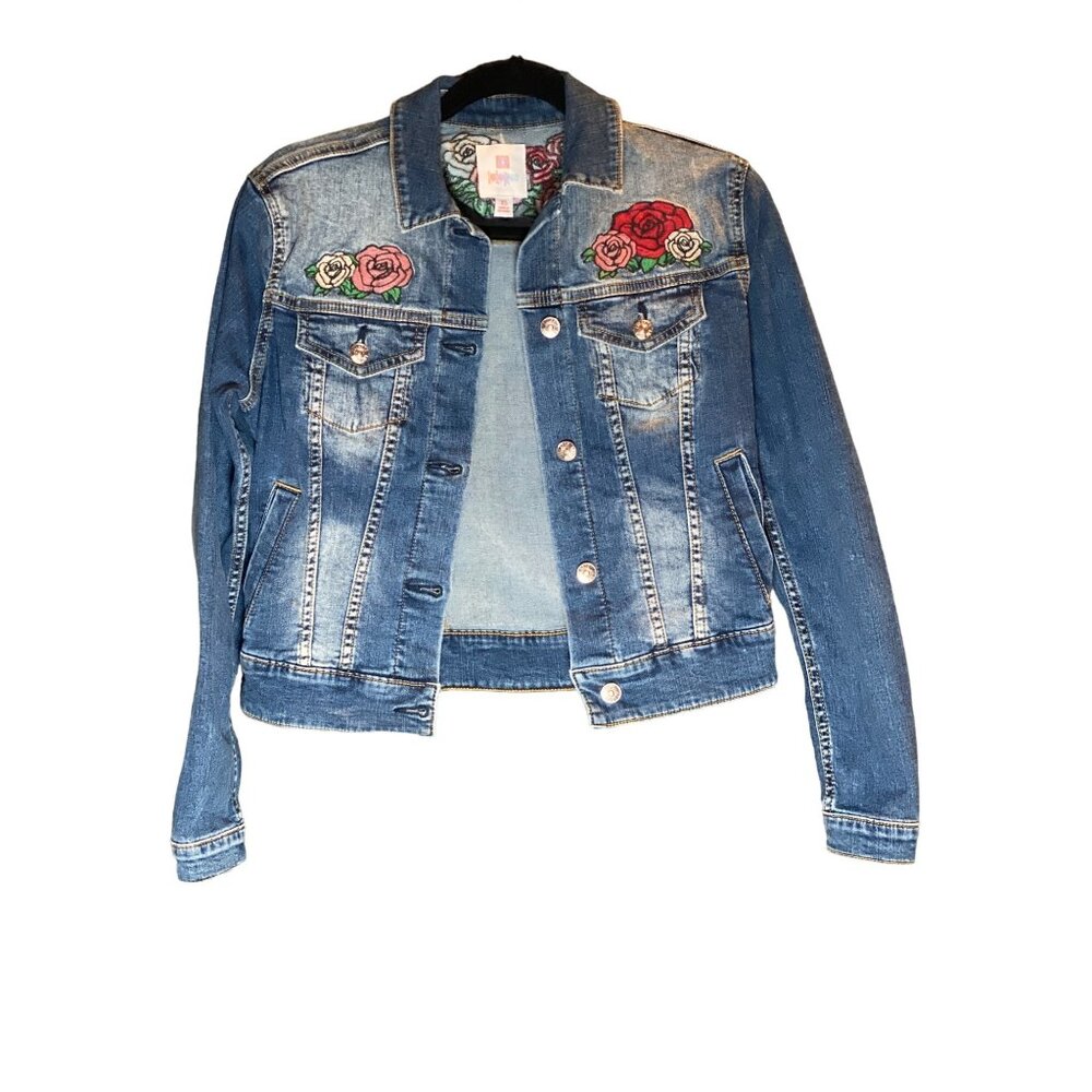 LulaRoe Harvey Blue Stonewashed Denim Jean Jacket Size XS Embroidery Rose